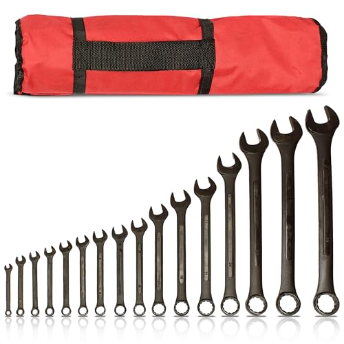 ABN Combination Wrench Set – 16 Pc Raised Panel Metric Wrench Set with Wrench Roll Up Pouch, Black Spanner Wrench Set - size: Metric