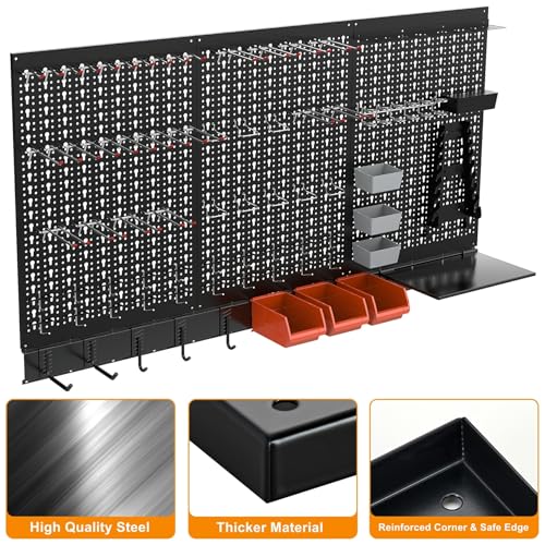 TORACK Metal Pegboard Wall Organizer System 24x48 in, 109 PCS Pegboard Kit - color: Black