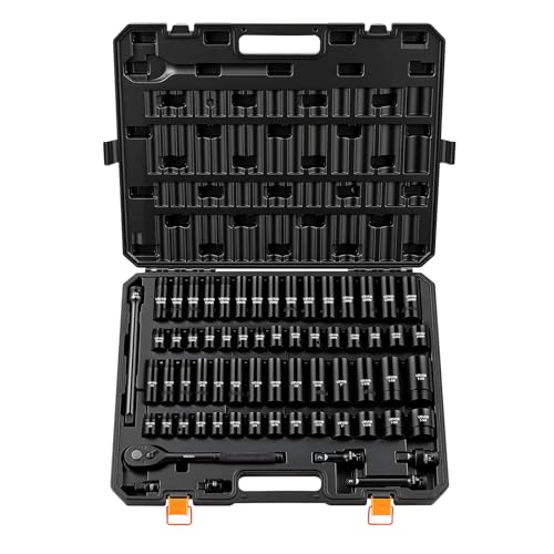 VEVOR 65-Piece 1/2" Drive Impact Socket Set, SAE (3/8" to 1-1/4") & Metric (10 to 24 mm), CR-V, Deep & Shallow, 6 Point, Ratchet Handle, Universal Joint, Adapters, Extension Bars (3, 5, 10 in) - size: 1/2" 65PCS