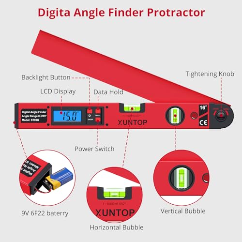 XUNTOP 0-225°/0.5° Digital Angle Finder 16” Aluminum Angle Measuring Tool with Horizontal&Vertical Bubbles Digital Protractor with LCD Display for Woodworking, Construction, Machinery