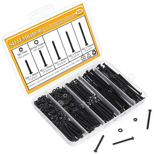 305 Pieces M3 x 30/35/40/45/50mm Button Head Socket Cap Screws Nuts Washers Set Black, Sutemribor M3 Long Screws, M3 Black Screws Nuts Washers Assortment Kit, 10.9 Grade Alloy Steel, Fully Threaded - size: M3 x 30-50mm, style: Button Head