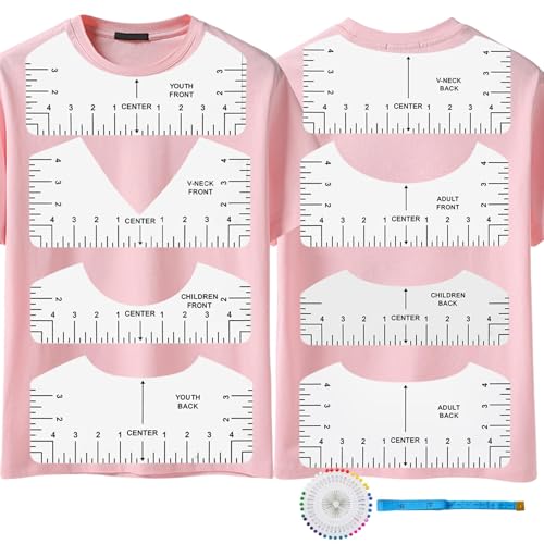 Tshirt Ruler Guide Vinyl Alignment, Transparent V-Neck/Round PVC Ruler for Alignment, Designs Pocket Logo, Fit for Heat Press, Alignment, Children Youth Adult, Front and Back Measurement