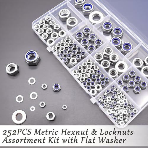 Dianrui 252PCS Metric Hexnut & Locknuts Assortment Kit with Flat Washer, Nuts and Washers Set 304 Stainless Steel (M3/ M4/ M5/ M6/ M8/ M10/ M12) Hardware Nuts-7 Sizes - size: 252PCS Metric Hex&Lock Kit
