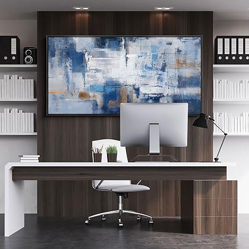 KLAKLA Living Room Wall Art - Navy Blue Abstract Large Paintings Artwork Picture Framed Canvas Bedroom Office Home Decoration Huge Art Work for Wall Decor - 58x29 Inches - color: Blue-White-Gray + Black frame, size: 58"L x 29"W