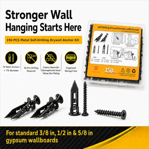Jyphorixal 150Pcs Self Drilling Drywall Anchors with Screws Kit,Zinc Plated Steel,2 Sizes Expansion Screws and 2 Sizes Wall Anchors, Easy Application No Drill or Holes in Wall.(Electrophoretic Black) - size: Black 150Pcs 2Size kit