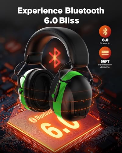 Qozybuds Gel Cushions Ear Muffs, Bluetooth 6.0 Hearing Protection Headphones with 1200mAh Battery, 120H Working Time, 30dB SNR, Larger Buttons for Easy Operation, Superior Stereo Sound Quality - color: Green-black