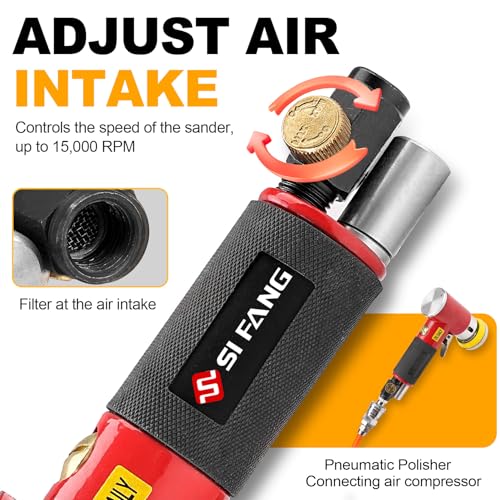 SI FANG 48Pcs 1'' 2'' 3'' Mini Air Sander Kit, High Speed Random Orbital DA Sander Polisher for Auto Body Work, Includes 1/2/3in Polishing Sponge & Wool Pads Sandpapers (Red Pneumatic Sander) - style: 1"2"3" Buffer&Sander Kit Red