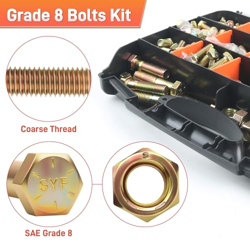 Quibbay 924Pcs Grade 8 Bolts and Nuts Assortment Kit, 1/4-20, 5/16-18, 3/8-16, 1/2-13 Heavy Duty Hex SAE Assorted Bolts Nuts and Washers Kit, Carbon Steel Machine Hardware Screw Sets with Case - style: 924PCS 1/4-20 5/16-18 3/8-16 1/2-13