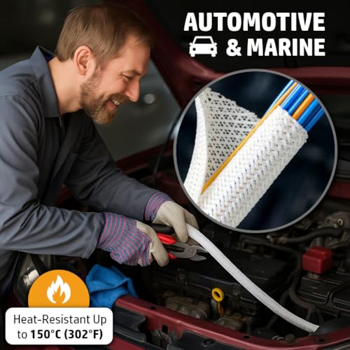 MGI SpeedWare Braided Split-Sleeve White Wire Loom for High-Temperature Automotive Harness and Home Cable Management 25 feet (1/2") - color: White, size: 1/2" - 25ft