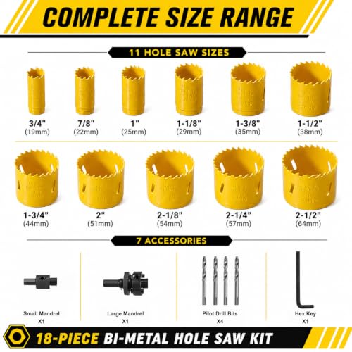 KATA 18 Piece Bi Metal Hole Saw Kit 3/4"-2-1/2" for Wood Metal PVC Drywall - color: 18PCS-L
