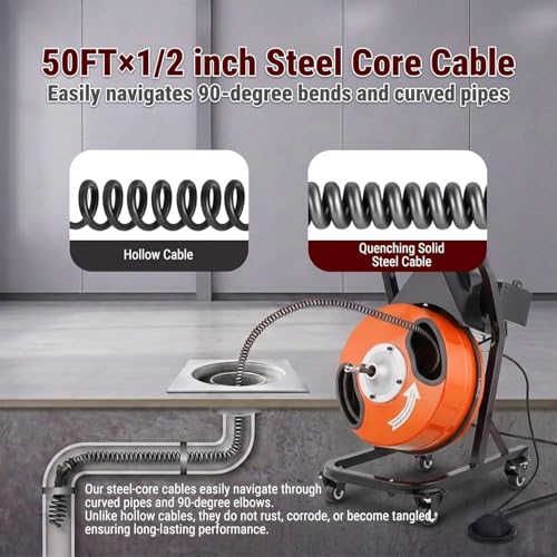 HoldwellS 50FT x 1/2 Inch Drain Cleaner Machine, Electric Drain Auger on 4 Wheels for 1"-4" Pipes, Enclosed Metal Drum with 4 Cutters & Pneumatic Foot Switch, Sewer Snake Auger - color: 50FT x 1/2inch (Manual Feed)