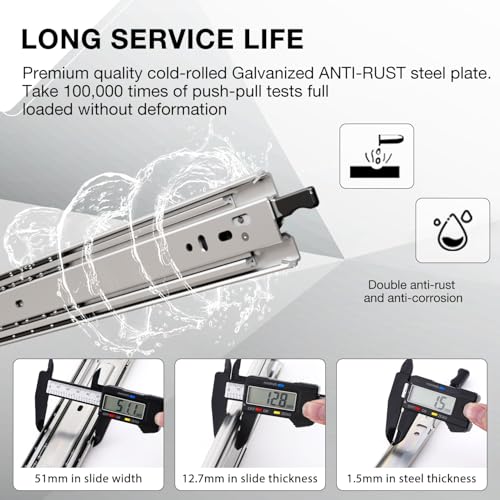 Heavy Duty Locking Drawer Slides Load 136 lbs Full Extension Runners with Lock 12 14 16 18 20 22 24 26 28 30 32 34 36 38 40 Inch Side Mount Rails for Drawer Capacity 136 lb 1 Pair - size: 22 Inch, style: With lock