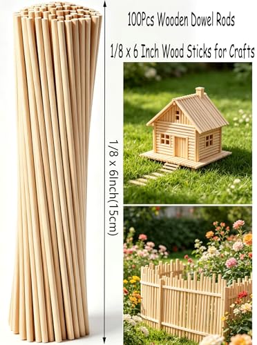 100PCS 1/8 x 6 Inch Dowel Rods Wood Sticks Wooden Dowel Rods - Unfinished Natural Wood Craft Dowel Rods - for Crafts and DIY