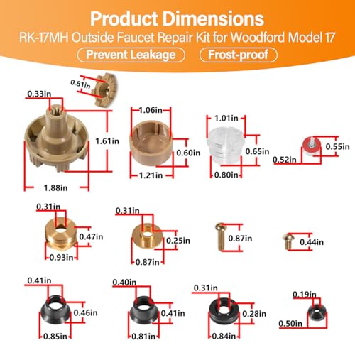 RK-17MH Outside Faucet Repair Kit Metal Handle - Replacement for Woodford Model 17 Outdoor Wall Hydrant, Frost-Free Design, EPDM Packing, 12-Piece Kit