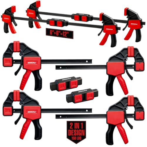 6-Pack 6 Inch Bar Clamps for Woodworking with Clamp Connector, 6" Quick-Release Wood Clamps with 150 LBS Load Limit, Trigger Clamp Set, One-Handed Clamps/Spreader Ideal for Woodworking DIY Projects - style: 6" (6-Pack) | Extends to 12"+