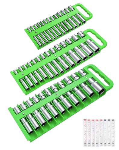Reniteco 3-Piece Magnetic Socket Organizer Tray, for 1/2'', 3/8 '', 1/4'' Drive Metric/SAE Hold up to 76 Sockets, Heavy-Duty Socket Holder with Handle & Magnetic Base, Sockets Not Included - color: Green