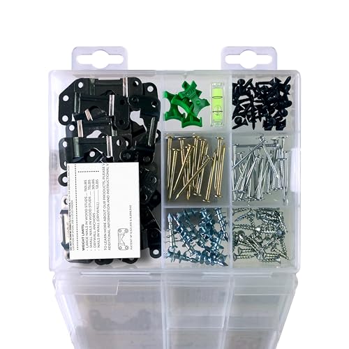 155-Piece Steel Picture Hanging Kit in Tackle Box, Hangs 12 Wooden Frames Up to 150 lbs, No Measuring Needed, Heavy-Duty Wall Hangers with Drywall Anchors, Hardware, and Level - size: 12 Frames Up to 150 lbs