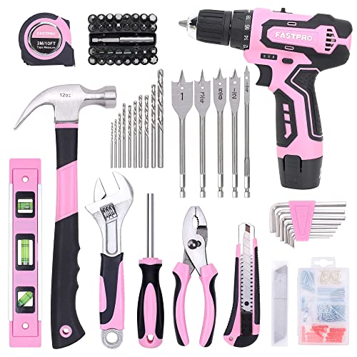 FASTPRO 12V Pink Drill Set for Women, Home Tool Set with Bag - color: Pink