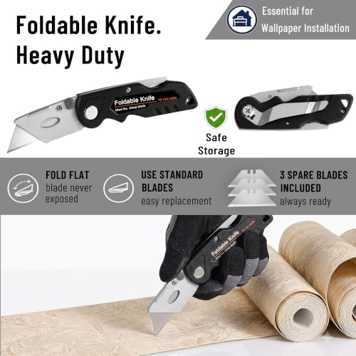 Wallpaper Tools, Wallpaper Kit for Peel and Stick, Smoothing Tool Kit | for Contact Paper, Vinyl Backsplash , All in 1, Foldable Knife Heavy Duty, Seam Roller, Wallpaper Brush