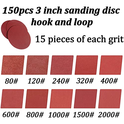 150 PCS 3 Inch Sanding Discs, MAPRIAL 3 Inch Hook and Loop Sanding Disc 80-2000 grit Sandpaper Attachment for Drill Sander Grinder Rotary Tools, Woodworking, Wood Furniture - size: 3 inch - 80-2000 grit