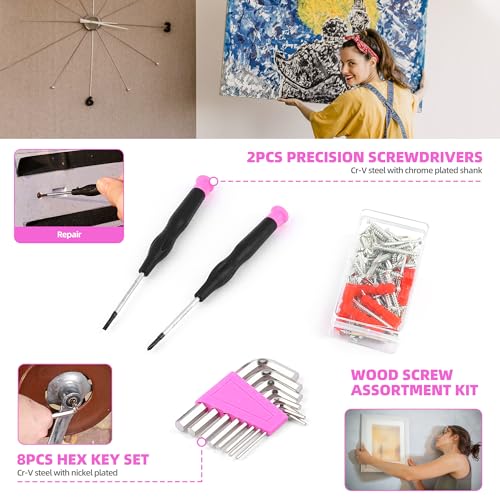 URASISTO 123 Piece Pink Household Tool Set with 3.6V USB Electric Screwdriver, Home Tool Kit with Cordless Lithium-ion Drill Driver, HandTool Kits for Women - size: 123 Piece