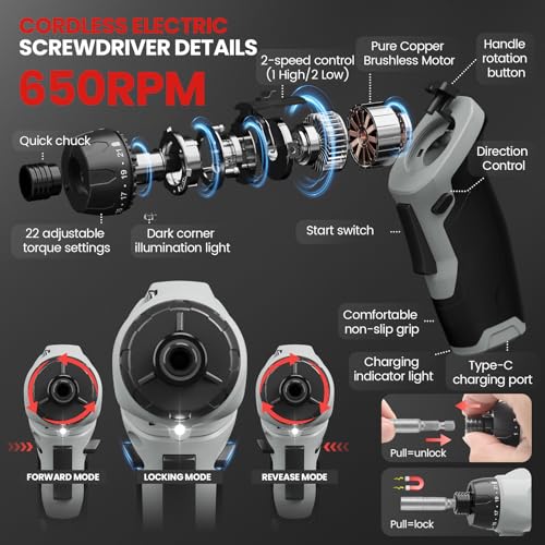 UNIWA Cordless Electric Screwdriver Rechargeable-650 RPM Power Drill-Grey - color: Grey