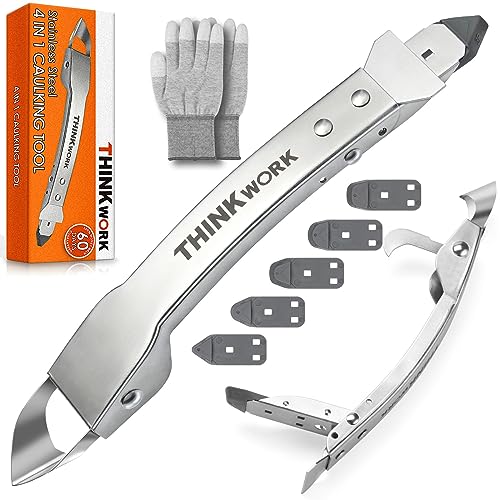 4 in 1 Silicone Caulking Tool Kit, Stainless Steel Caulk Remover Tool | Durable Construction, Quick & Easy to Use, 5 Replaceable Silicone Pads, Protective Gloves, Remove, Apply & Finish Caulk - color: Silver