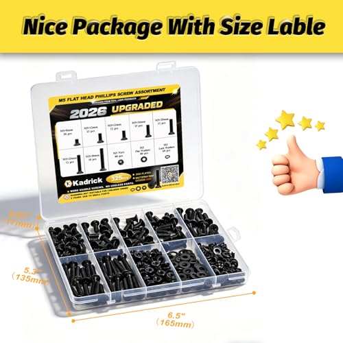 KADRICK 325Pcs M5 Countersunk Screw Kit,M5 Flat Head Bolts Nuts Washers - size: M5 325Pcs 8-30mm