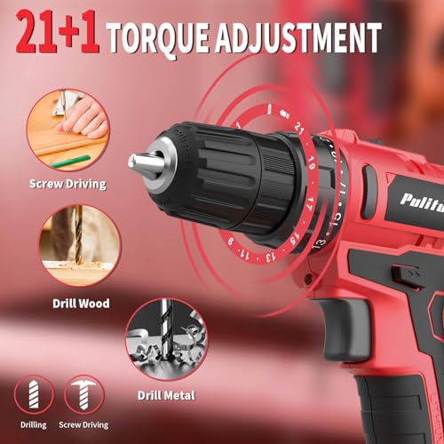PULITUO 20V Cordless Drill/Driver, 2 Batteries Electric Screwdriver, 30Nm Power Drill Driver, 21+1 Torque, 2 Speed, 3/8"Keyless Chuck, power Drill with LED Light, Drill Driver Kit for Home (Red) - style: 20V Drill (Red)- double