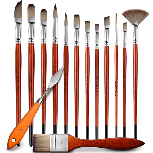 14pcs Acrylic Paint Brushes, Professional Synthetic Bristles Paint Brush Set with Extra Palette Knife - Flat, Filbert, Fan, Dagger, Round, Angle, Rigger Paint Brushes for Oil, Acrylic Canvas Paintings - color: Yellow