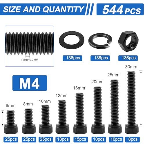 544Pcs UIETUIL M4 Hex Socket Head Cap Screws Kit, M4x6-30mm, 12.9 - size: M4 Cap 12.9 - 544PCS