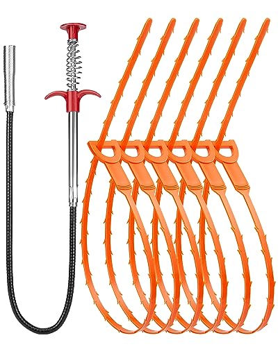 Oanie 7 Pack 25inch Drain Clog Remover Tool, Cleaner Hair Clog Remover(6pcs), Cleaner Sticks to Drain Hair Clog for Remover(1pcs), Sink Snake for Shower Kitchen Sink Bath Tub Bathroom(6+1)
