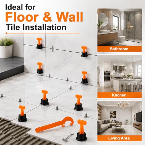 50 Sets Reusable Tile Leveling System Kit with Wrench, 1/16 Inch Tile Spacers and Leveling Clips, Anti Lippage Tile Leveler Tool for Floor Wall Installation, Ceramic Porcelain Tiles