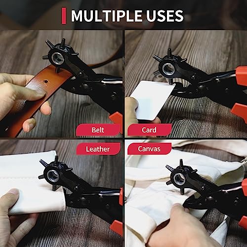 Revolving Punch Plier Kit, XOOL Leather Hole Punch Set for Belts, Watch Bands, Straps, Dog Collars, Saddles, Shoes, Fabric, DIY Home or Craft Projects, Heavy Duty Rotary Puncher, Multi Hole Sizes Make - style: Hole Puncher
