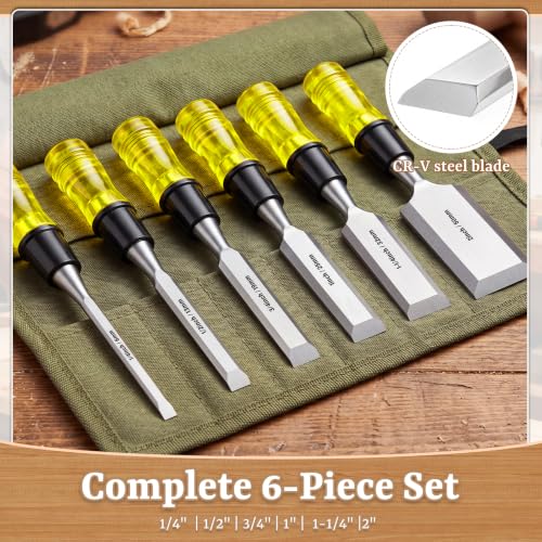 8 Pcs Woodworking Tools Set, Includes 6 Pcs Wood Chisel CR-V Steel Beveled Blades (1/4", 1/2", 3/4", 1", 1 1/4", 2"), Solid Beech Wood Mallet & SK5 Double-Edged Hand Saw for Carpenter DIY