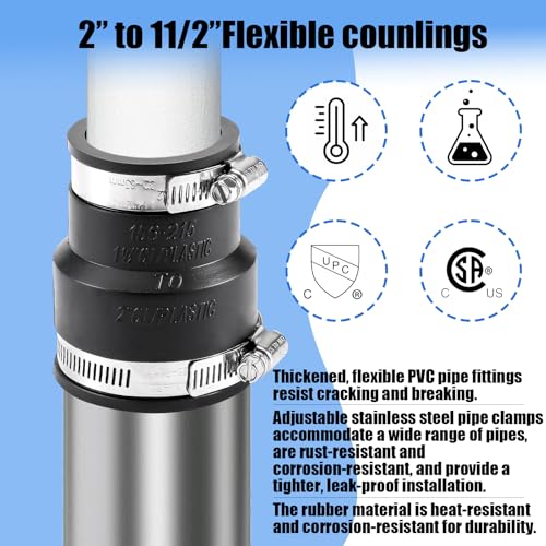 1 1/2" to 2" Flexible Pvc Pipe Coupling with Stainless Steel Clamp, Flexible Fitting for Connecting Cast Iron, Plastic and Copper Pipes, for Sewer and Drain Connections(Black) - size: 1 1/2" to 2"