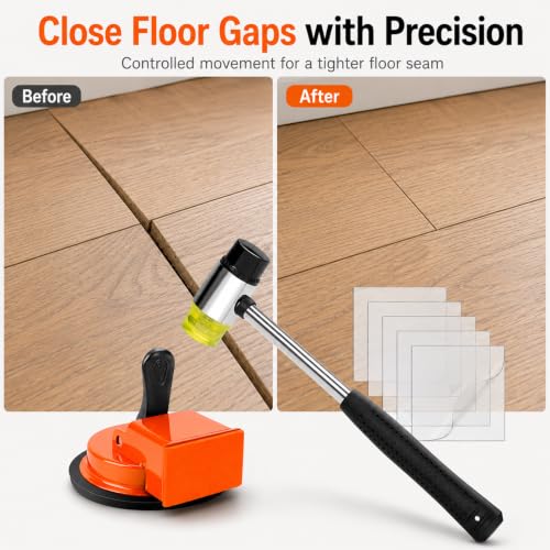 Floor Gap Fixer Tool Kit, Heavy Duty Suction Cup Gap Puller with Rubber Mallet & 5 Reusable Sticky Pads, Fast DIY Laminate & Vinyl Floor Repair Kit to Close Floor Gaps Without Contractor