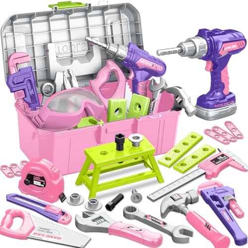 Kids Tool Set, Toddler Tool Box, Toy Drill, Construction Toys for Ages 3-5 - color: Pink