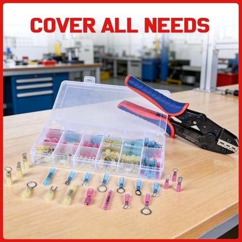 Wire Crimping Tool AWG 22-10 with 120PCS Heat Shrink Wire Connectors, Electrical Crimping Tool for Heat Shrink, Nylon, Non-Insulated Connectors, Wire Crimper Kit for Ring Fork Spade Splice