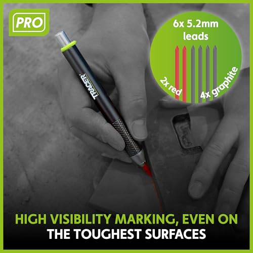 Tracer Pro Series Tough Metal Construction Pencil with 6 x Replacement Lead Pack and Site Holsters. All-in-one Aluminium Construction Marking Kit - style: 5.2mm Bold Construction