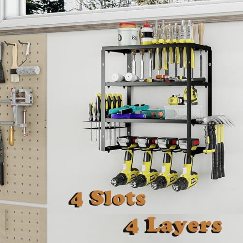 AZERPIAN Power Tool Organizer Heavy Duty Wall Mount Drill Tools Holder - size: 4 Slots 3Layers