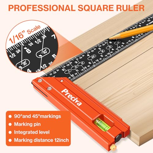 Preciva 12" Aluminum Carpenter Square (1/16" Scale)- Multifunctional Right Angle Ruler with Level Bubble - Angle Guides for Woodworking, Framing & DIY