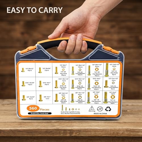 560PCS Grade 8 Nuts and Bolts Assortment Kit with Handy Box, 1/4-20, 5/16-18, 3/8-16, 1/2-13 High Quality SAE Bolt Assortment Kit, Heady Duty Grade 8 Alloy Steel with Yellow Zinc Plated - size: 560pcs 1/4-20 5/16-18 3/8-16 1/2-13
