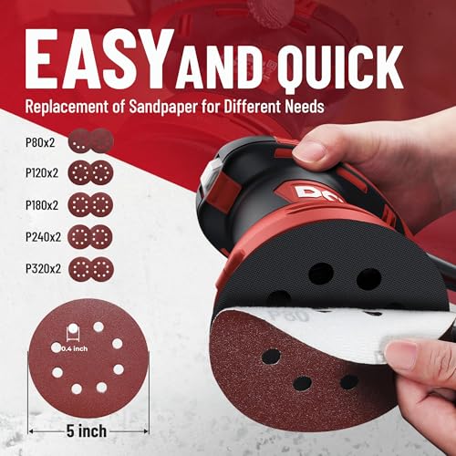 DCK Random Orbital Sander, 3.0 AMP Corded Palm Sander, 6 Speeds Max 12,000 OPM, 5-Inch with 10 pcs Sandpapers, Dust Bag, Low Vibration for Woodworking, Decoration Furniture (KSA125)