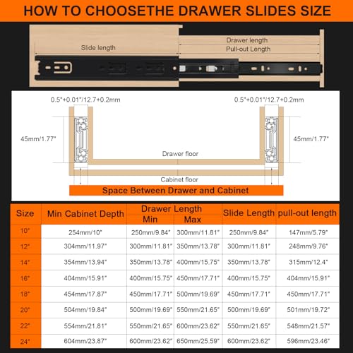 18 inch Drawer Slides 4 Pairs (8pcs) 3 fold Full Extension Side Mount Cabinet Drawer Glides 18" Black Cabinet Rails for Dresser, Cabinet, Kitchen,Trash Can, Wardrobe 100 LB Capacity - size: 18 Inch