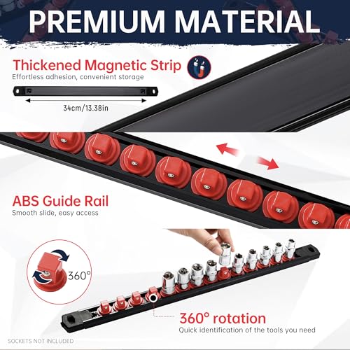 Reniteco Magnetic Socket Organizer, 1/2-Inch Drive ABS Sockets Rail, Heavy Duty Sockets Holder, Socket Rack Kit 1/2-Inch x 14 Clips - color: Red, size: 1/2" DR