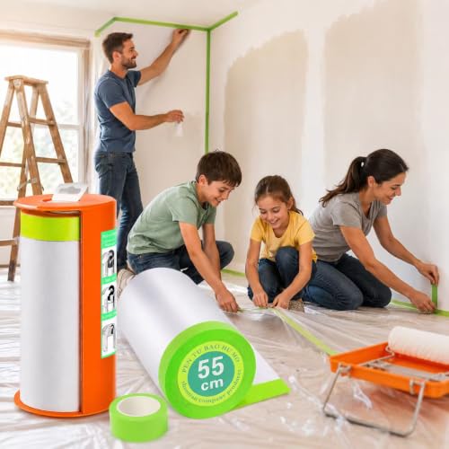 Pre-Taped Masking Film with Dispenser - 44" x 66' Painters Plastic - color: 1 Dispenser 2 Refill 44" x 66'