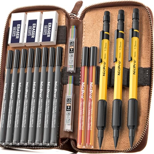 Nicpro 21PCS 1.3 mm Mechanical Pencil Set in Leathercase with 138 Lead - color: Yellow