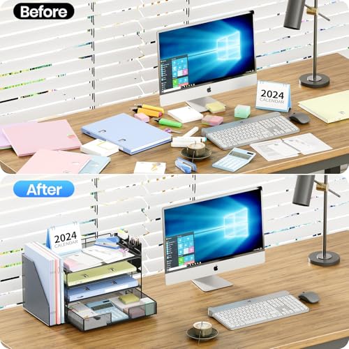 OPNICE Desk Organizer, 4-Tier Desktop File Organizer with Drawer and Pen Holders, Office Desk Accessories, File Sorters, Workspace Organizers for Office Supplies(Black 2-Pack) - color: Black 2-Pack, size: 4T