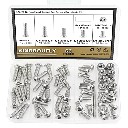 66 Pieces 1/4-20 x 3/8", 1/2", 5/8", 3/4", 1", Button Head Socket Cap Screws Nuts Assortment Kit, 304 Stainless Steel, Fully Machine Thread - size: 1/4"-20, style: Button Head